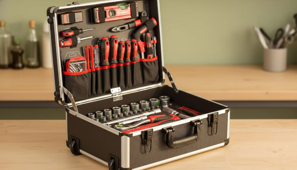 Interior view of the Meister tool case showing perfectly organized compartments for a complete set of home tools.