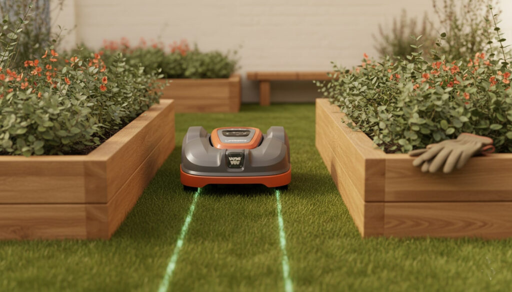 WORX Landroid M700 utilizing its AIA technology to navigate efficiently through a narrow passage between two flower beds.