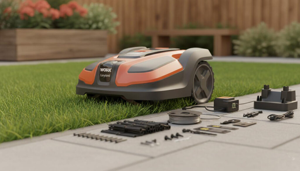 Landroid M700 robot automatically returning and docking into its charging station (base) on the lawn.
