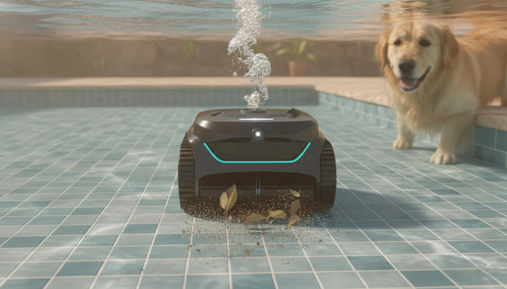 Robot piscine WYBOT C1 Pro en fonctionnement dans piscine avec chien